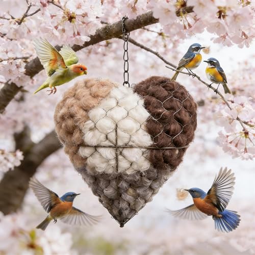 Handmade Fiber Bird Nesting Heart, Refillable Birds Haven 1 Heart Shape Hummingbird Nesting and 2 Bags of Nest Materials, Winter Fowl Gifts Animal Hummingbirds Lovers Home Garden Yard