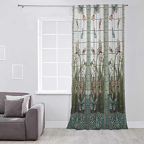 Butter-Fly Plant Semi Sheer Curtains Drapes For Living Room, Bedroom, French Doors Window 72 Inches Long, Colored Glass Meadow Retro Watercolor Rod Pocket Chiffon Curtain Drapery Voile Draperies Panel #TOP1