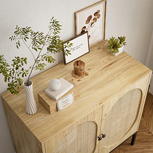 Ikifly Set Of 2 Accent Storage Cabinet With Handmade Natural Rattan Doors - Rattan Sideboard Buffet Cabinet - Kitchen Cupboard Server Console Table For Dining Room, Bedroom, Hallway - Natural #TOP5