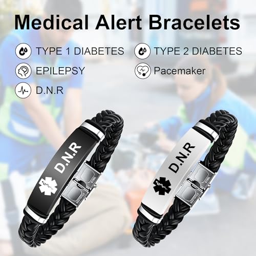 Pulsera de alerta médica para hombre de cuero miniatura 2