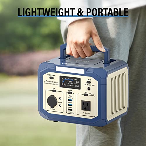 Portable Power Station 300Wh, 110V/350W(Surge 500W)Pure Sine Wave Solar Generator, Battery Bank with AC Outlet, LED Light for Camping Home Use Emergency(Solar Panel Optional)