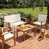 Devoko Patio Furniture 4 Piece Acacia Wood Outdoor Conversation Sofa Set with Table & Cushions Porch Chairs for Garden, Deck, Backyard, Natural
