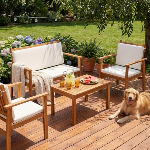 Devoko Patio Furniture 4 Piece Acacia Wood Outdoor Conversation Sofa Set with Table & Cushions Porch Chairs for Garden, Deck, Backyard, Natural