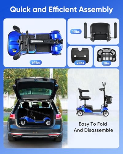 Compact 4 Wheel Mobility Scooter with Display, Foldable Electric Scooter for Seniors and Adults, Heavy Duty Travel Model with Lights, Basket, and Long-Lasting Extended Battery (Blue) - Thumbnail 4