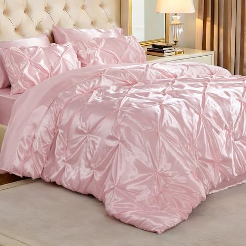 Image of BEDELITE Satin Comforter Set Queen Size, 7 Pieces Pintuck Bed in A Bag with Comforter, Flat Sheet, Fitted Sheet, Pillowcases, Shams, Soft Cozy Similar to Silk Bed Set for All Seasons (Pink)