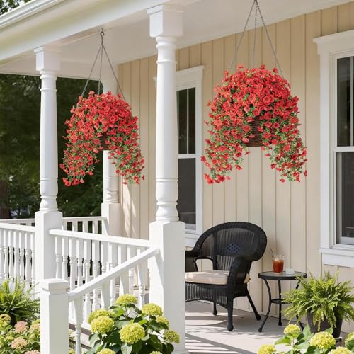Image of VIERENA 4 Bundles 29.5 inch Artificial Hanging Silk Flowers for Front Door(Red) | Realistic Fake Morning Glory Flowers with Faux Eucalyptus, for Eave Porch Yard Garden Patio Balcony Home Outdoor Decoration