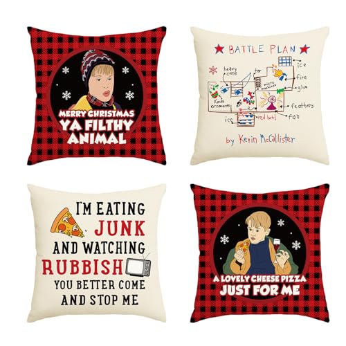 Arsemica Funny Home Alone Christmas Pillow Covers, 4 x 18x18 inch Red and Green Plaid Throw Pillow Covers, Humorous Movie Themed Decorative Cushion Cases for Living Room Accent Pillows