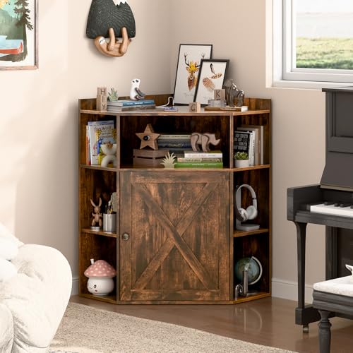 Image of Halitaa Corner Storage Cabinet, Farmhouse Corner Bookshelf with Storage 6-Cubby Wooden Cabinet with USB Ports and Outlets Industrial Organizer for Small Space, Study, Playroom, Living Room