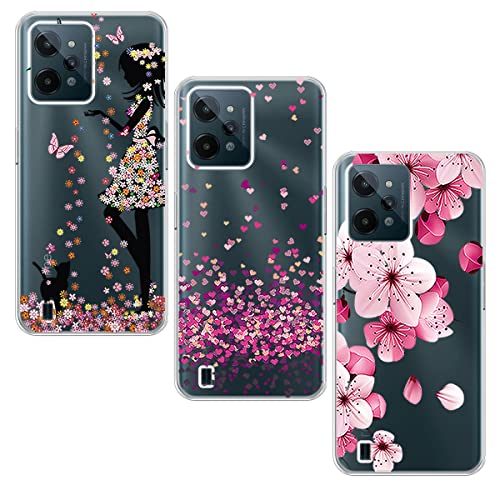 QFSM 3 Pack Coque pour Realme C31 Style Simple TPU Souple Shell Transparent Case Protection Gel Silicone Cover Étui Housse - Jolie Fille + l'amour + Fleur de Pêche (6.5") Cover
