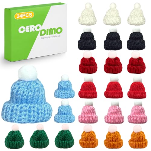 CeroDimo 24 PCS Mini Knitting Hats for Christmas Crafts, Tiny Knitted Hats, Mini Beanies, Small Tree Ornaments, DIY Art and Hair Accessories