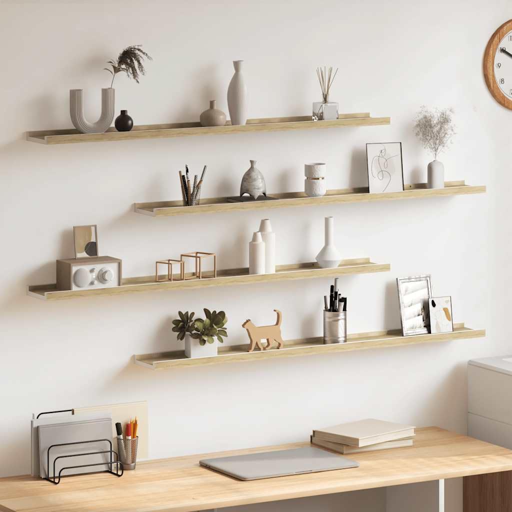 Set di 4 mensole da parete in MDF bianco, rovere Sonoma, 100 x 9 x 3 cm | Mensole sospese decorative per soggiorno e camera da letto per esporre piante, libri e decorazioni.