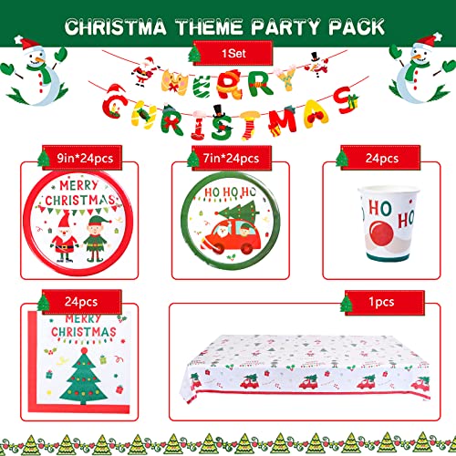98Pcs Christmas Party Supplies Serves 24, Christmas Tableware Set With Christmas Paper Plates, Napkins, Cups, Tablecloth, Flag For Christmas Party Decoration #TOP1