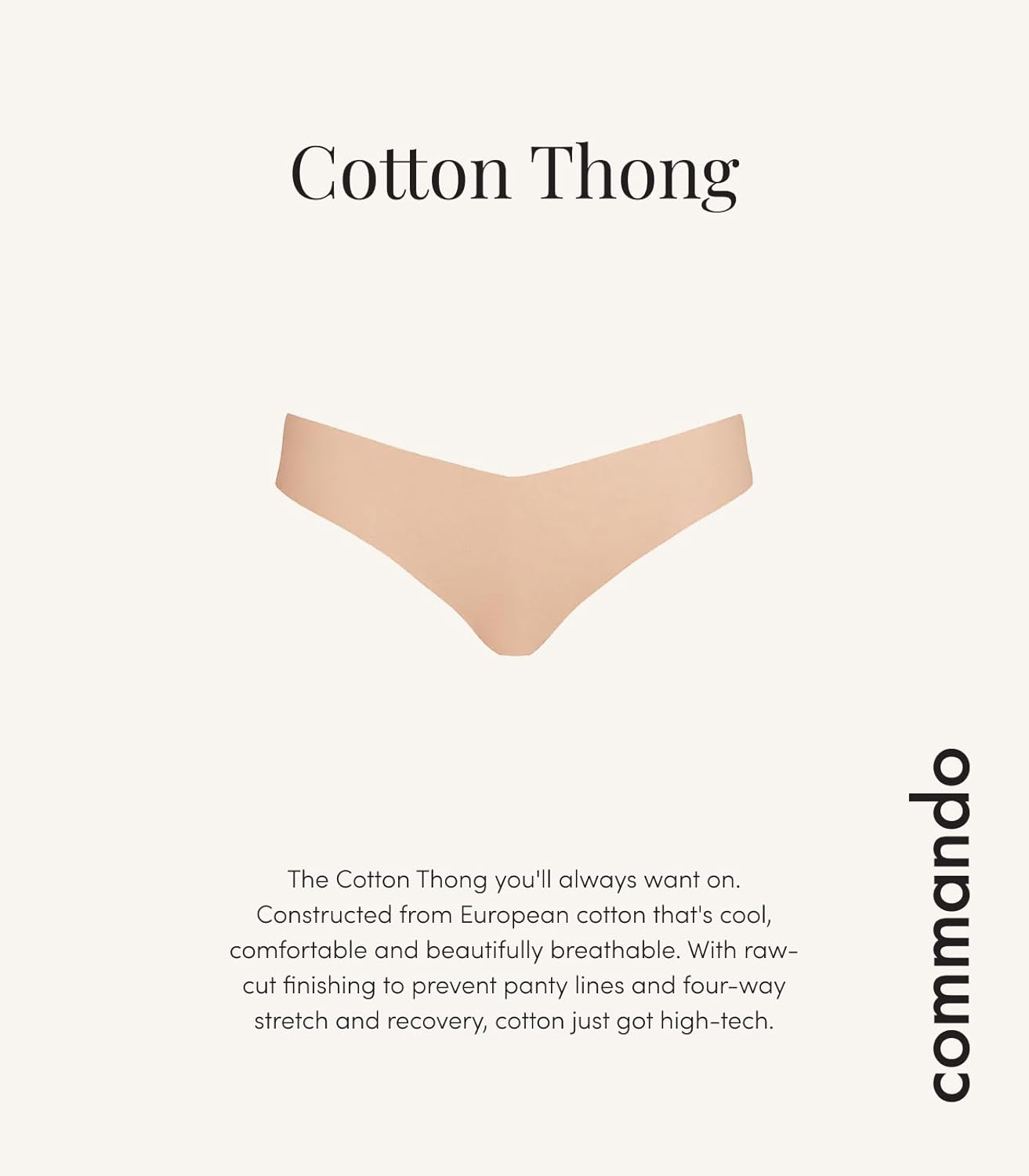 commando Cotton Thong | Raw-Cut Edges | Four-Way Stretch | Natural, Breathable Comfort | No-Show Fit Underwear | Beige, Medium-Large - Image 4