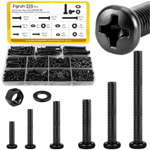 Fgruh 225pcs Screws and Nuts Assortment Kit M4 M5 M6 Phillips Pan Head Assorted Nuts and Bolts Washers Kit for Headboard Wall Plate Switch Receptacles Mounting Screws Black