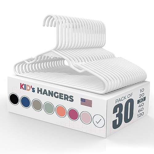 Image of 30pk Made in USA Baby Hangers | Kids Hangers for Children's Clothes, Toddler Outfits and Clothing | 20 50 100 Pack Available | Kid Plastic Hanger for Closet and Nursery | Child Kid Hangars (White)