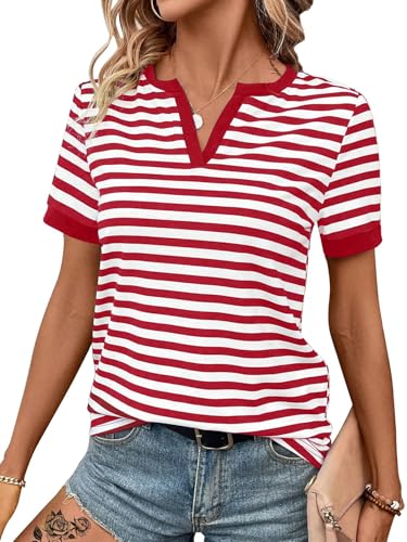LilyCoco Women's Striped Shirt Short Sleeve Color Block Tops Notched Neck Summer Tee White X-Large