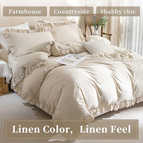 QSH 100% Cotton Queen Duvet Cover Set, Ruffle Duvet Cover Linen Feel Textured Farmhouse Shabby Vintage Chic Bedding Comforter Cover 3 Pieces Aesthetic French Country Queen Bed Set Soft Breathable - Thumbnail 4