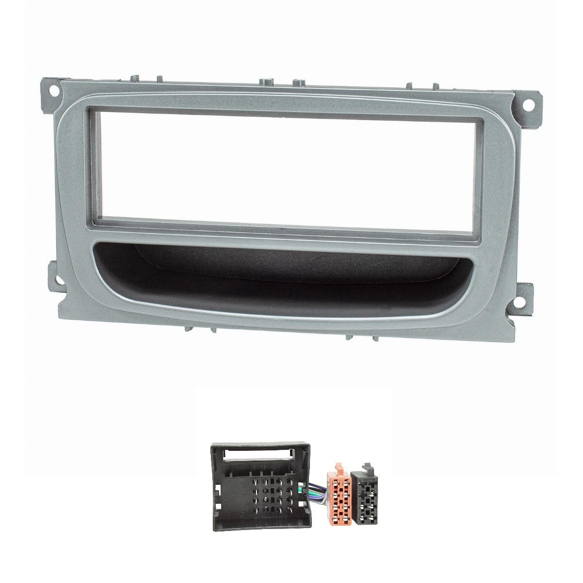 tomzz Audio 2415-049 Radioblende Set kompatibel mit Ford Focus 2 Mondeo S-Max C-Max Galaxy Kuga Silber mit Ablagefach Quadlockadapter ISO