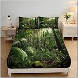 Sábana Bajera Ajustable Colchones, Suave Cómoda Transpirable Poliéster - Vegetación Imprimir - Elástico En El Borde Bolsillo Profundo 30Cm (180X190/200Cm, Paisaje Tropical)