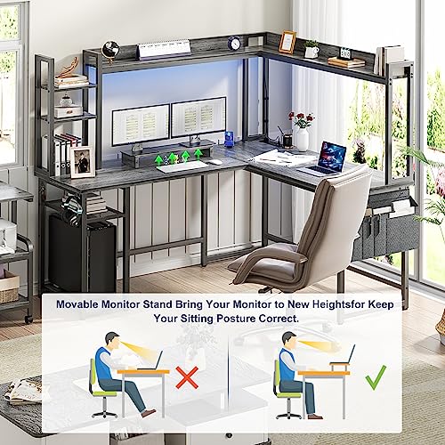 Aheaplus L-Shaped Gaming Desk with Power Outlet and LED Lights – Black Oak
