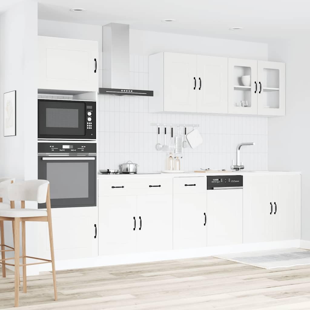Set di mobili da cucina Kalmar, 7 pezzi, mobile da cucina bianco in legno, mobili da cucina moderni con pensili e pannello per lavastoviglie