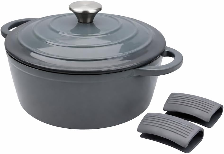 – Éclat 5.5L Cast Iron Dutch Oven with Silicone Handle Covers, Enamelled Non-Stick Casserole Pot, Heavy-Duty Cookware for Baking, Braising,Roasting Dish & Stews Ironstone Grey 28cm