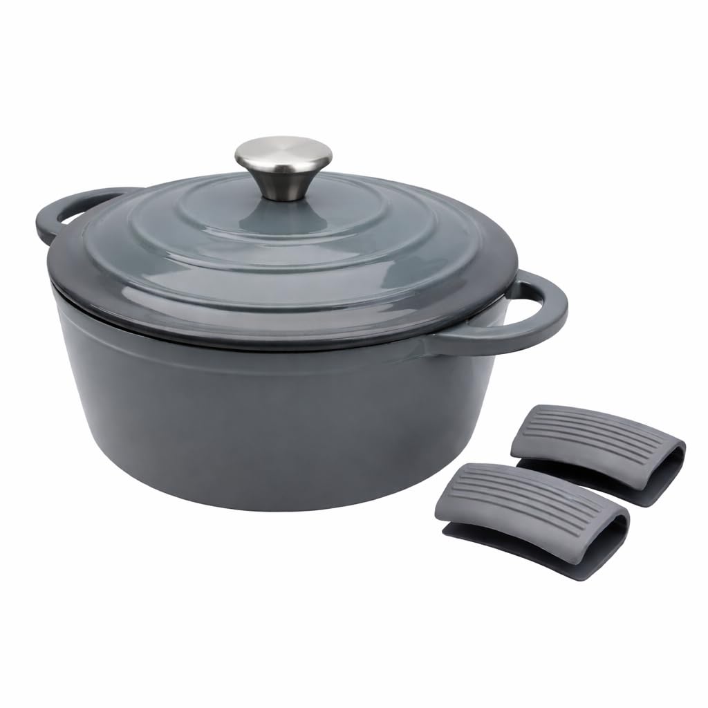 – Éclat 5.5L Cast Iron Dutch Oven with Silicone Handle Covers, Enamelled Non-Stick Casserole Pot, Heavy-Duty Cookware for Baking, Braising,Roasting Dish & Stews Ironstone Grey 28cm