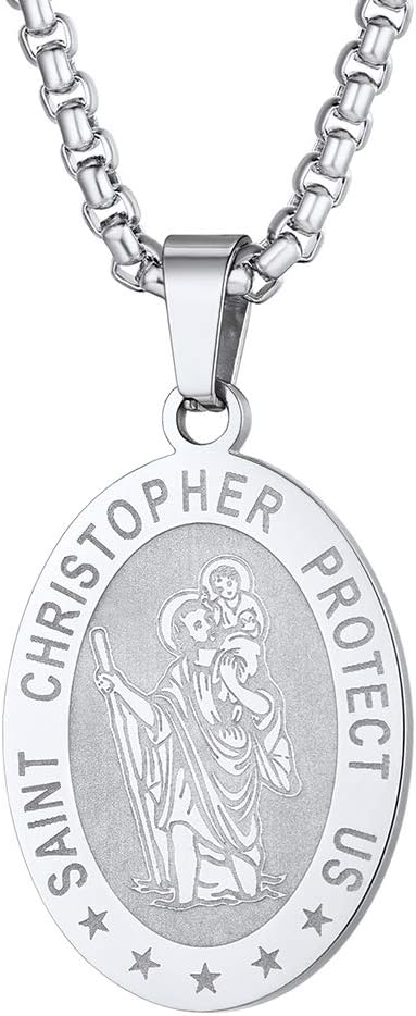 St Christopher Necklace for Men, Saint Christopher Pendant Chain, Personalised Engrave Catholic Protection Jewellery Silver/Gold/Black (With Gift Box)
