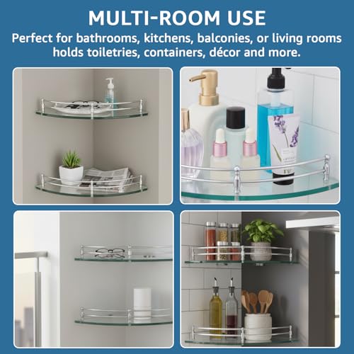 Image of Amazon Basics Glass Bathroom Corner Shelf with Stainless Steel Railings | Pack of 3 | Transparent | 9x9 Inch | Rust-Resistant Space-Saving Storage | 23D x 23W x 6H cm
