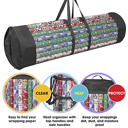 Propik Wrapping Paper Organizer Storage Bag For All Your Gift Wrap & Ribbons, Fits Long 40 Inch Rolls, Hold Up To 24 Rolls, Heavy Duty Clear Pvc Bag With Handles (Black & Clear) #TOP1