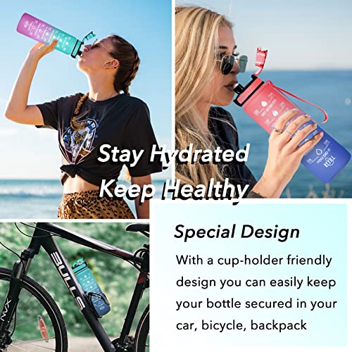 Enerbone 32 Oz Water Bottle, Leakproof Bpa & Toxic Free, Motivational Water Bottle With Times To Drink And Straw, Fitness Sports Water Bottle With Strap For Office, Gym, Outdoor Sports, Pink-Blue #TOP6