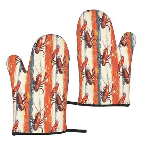 Gants de cuisine rétro à rayures avec imprimé homard pour femme, gants de cuisine mignons résistants à la chaleur avec doublure en coton