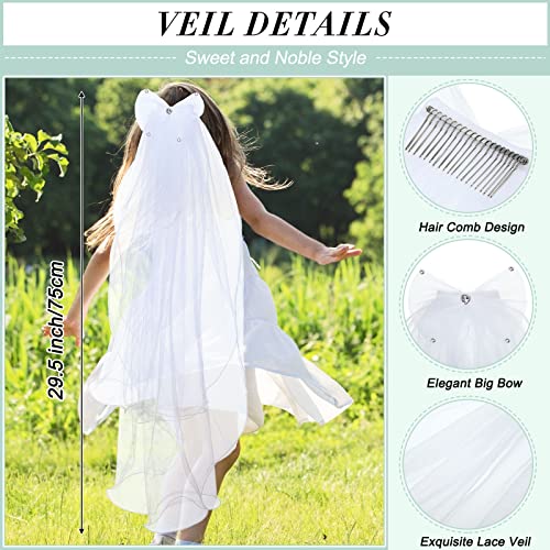 Foaincore 3 Pieces Girls First Communion Veils Bowknot Rhinestone Flower Headband Rhinestone Crown White Satin Gloves For Wedding First Communion #TOP2