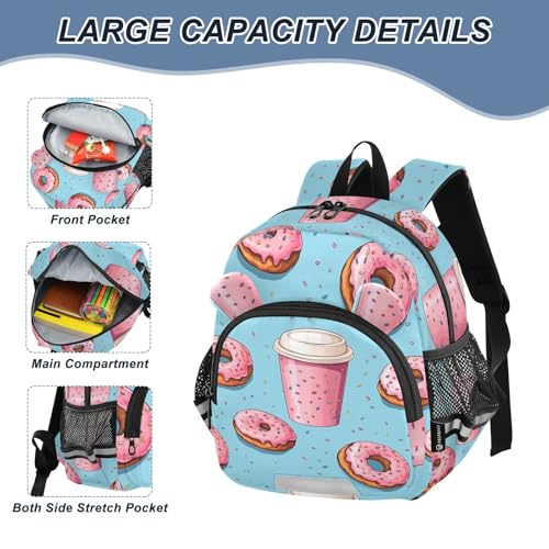 Kid's Backpack for Boys & Girls Toddler Bag Cartoon Pink Donuts and Drinks Backpack with Safety Leash4