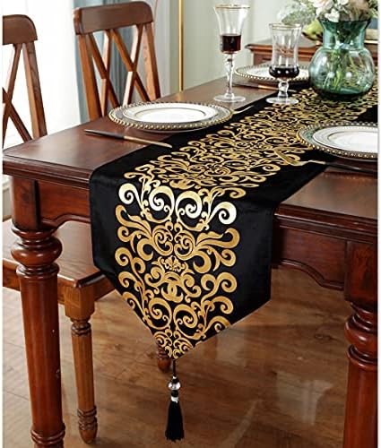 Caflife Glitter Black Table Runner 13 x 84 inch for Party Holiday Birthday Wedding Baby Shower Decoration, Luxury Sequin Black and Gold Table Runner for Coffee Table Dining Table