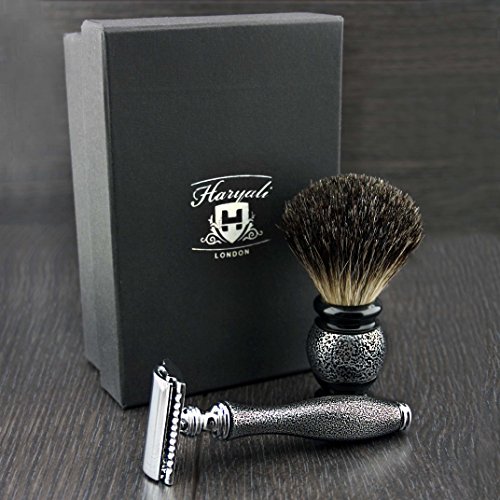 DE Safety Razor with Black Badger Hair Brush.Men's Shaving Set Designed with Hand Assembled Antique Features.