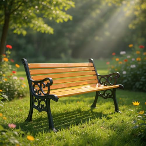 Image of Amazon Brand - Solimo Cast Iron 3 Seater Garden Bench | Durable Outdoor Park Bench for Balcony Patio Terrace, Living Room | Ideal Outdoor-Indoor Seating Furniture (Yellow)