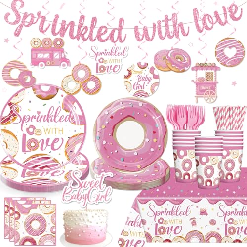 Xynic 140pcs Baby Sprinkle Decorations for Girl, Disposable Paper Tableware Includes Pre-threaded Banner 40 Plates 2 Tablecloths, 20-pack Tableware Suitable for Sprinkled with Love Baby Shower