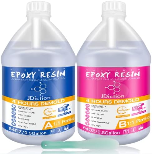 JDiction Fast Curing Epoxy Resin, 4 Hours Demold Upgrade Formula, Fast Curing and Bubble Free Epoxy Resin, Crystal Clear Epoxy Resin Kit Self Leveling and Easy Mix for Art, Craft, Jewelry- 1Gallon