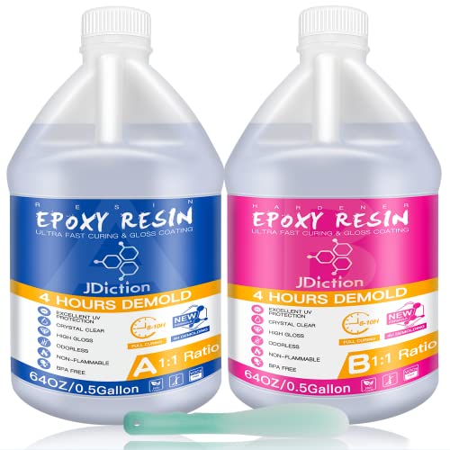 Jdiction Fast Curing Epoxy Resin, 4 Hours Demold Upgrade Formula, Fast Curing And Bubble Free Epoxy Resin, Crystal Clear Epoxy Resin Kit Self Leveling And Easy Mix For Art, Craft, Jewelry- 1Gallon #TOP17