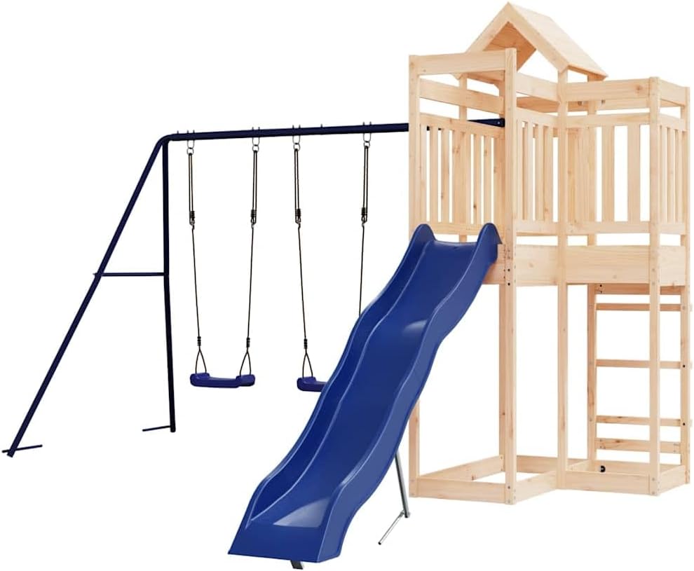 Outdoor Wood Playset for Backyard, Solid Pine Kids Swing Set with Wavy Slide and Play Tower, Large Garden Playground for Ages 3-8, Brown