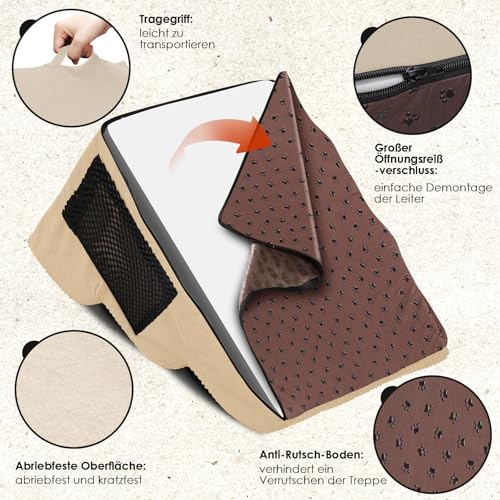 Thihome Hundetreppe 3 Stufen, Rutschfestem Hunderampe, Tragbar Haustiertreppe mit Abnehmbarem & Waschbarem Bezug, Hochdichtem Schwamm Hunde Treppe Katzentreppe für Bett und Sofa, 60x40x40cm