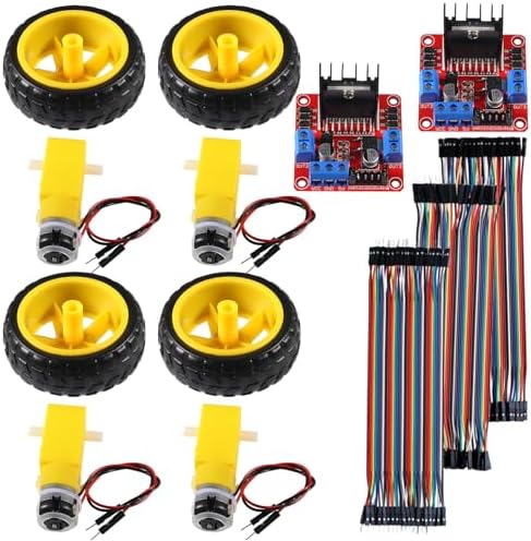 DIANN 4 Sets DC Gearbox Motor TT Motor 200RPM Tire Wheel DC 3-6V 1:48 Male Connector with 2pcs L298N Motor Drive Controller Board and Cables M/F M/M F/F