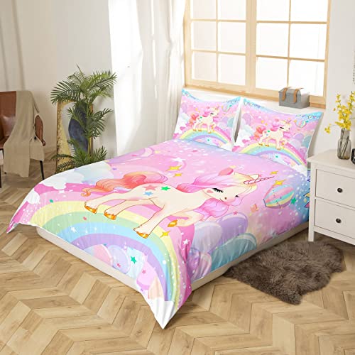 Miniatura 3 de Loussiesd Juego De Cama Para Niñas, Diseño Kawaii De Unicornio Y Arcoíris, Funda Nórdica De Dibujos Animados, Galaxia, Estrellas, Animales, 2 Fundas De Almohada, Tamaño Doble