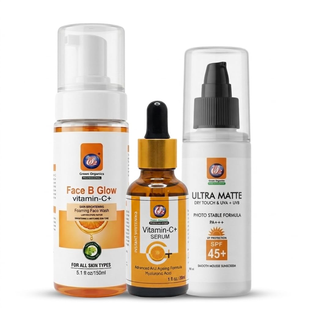 O2 Green Organics Vitamin C Skin Care Combo Kit | Face Wash, Vitamin C Serum & SPF 45 Sunscreen | Brightening, Deep Cleansing, Hydration & UV Protection | Glowing Skin for All Types-image-30