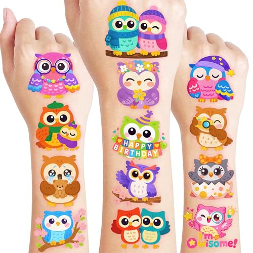 96 PCS Funny Owl Temporary Tattoos for Kids - Pre-Cut Cute Cartoon Animals Designs Owl Theme, Fun Birthday Party Favors, Classroom Rewards, Festival Decorations & Gifts