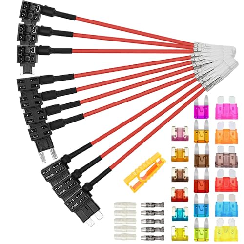 Aiqeer 10 Pezzi 12V / 24V Add-a-Circuit Portafusibili Set, Adattatore Fusibili Auto con 16 AWG Cavo, Gratuito 18 Pezzi Fusibili a Lama e Estrattore di Fusibili (Terminale di Testa)