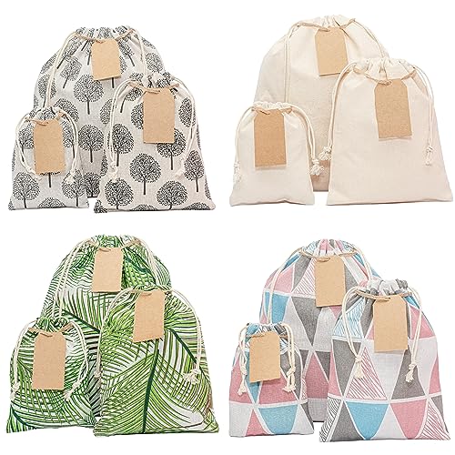 ERIBAGZ 12 PCS Reusable gift bags with drawstring + 15 gift tags | Fabric gift bags in 3 Sizes | Gift wrapping alternative, storage bags, travel & party favor bags. 7th Ed.