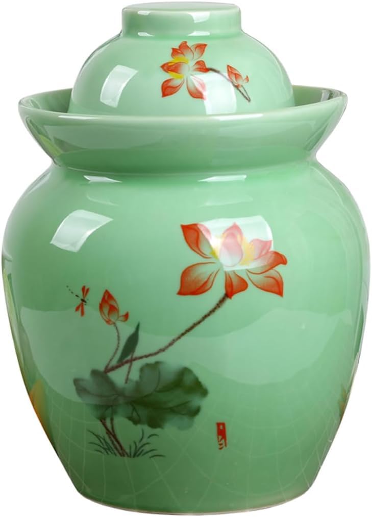 Duży ceramiczny słoik na marynaty z pokrywkami, zielony tradycyjny chiński porcelanowy słoik do marynowania, ceramiczny garnek fermentacyjny z uszczelką wodną pokrywką śluzy powietrznej, garnek z