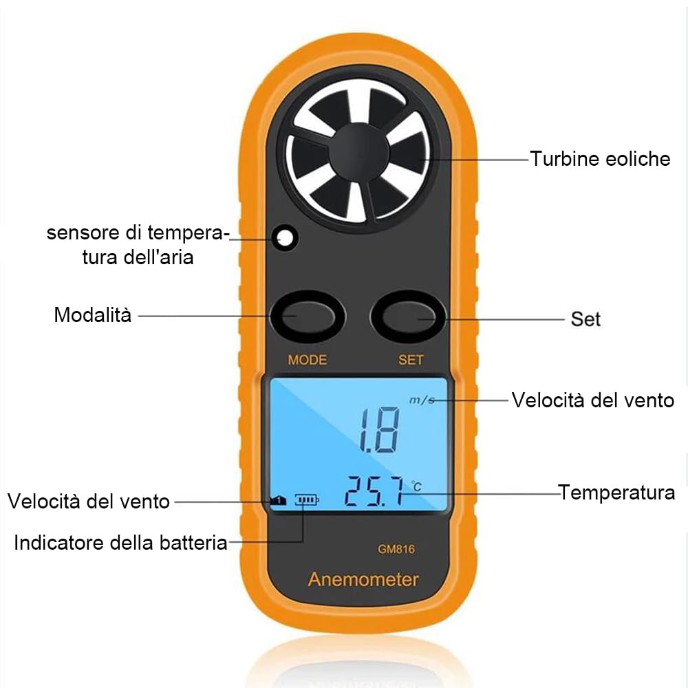 Anemometro Portatile Digitale Esterno per Velocità Vento con Termometro Retroilluminato per Windsurf, Vela, Pesca, Riprese
